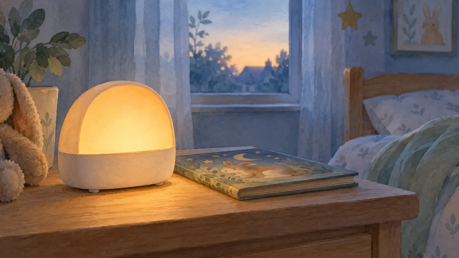 Un despertador luminoso proyecta un resplandor ámbar sobre la mesita de noche en un dormitorio al amanecer.