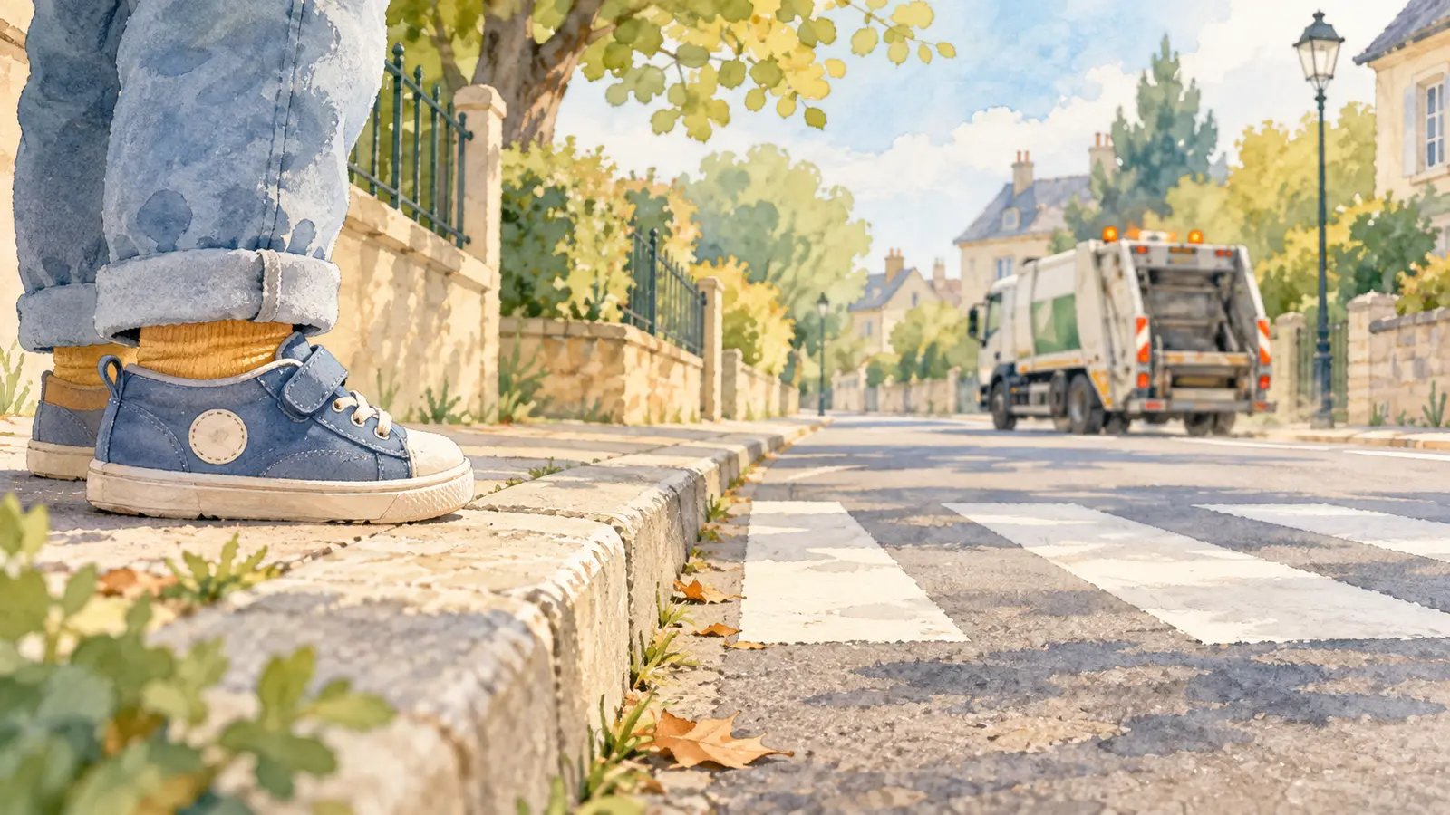 Un zapato pequeño se detiene ante un paso de peatones mientras un camión de basura pasa a lo lejos.