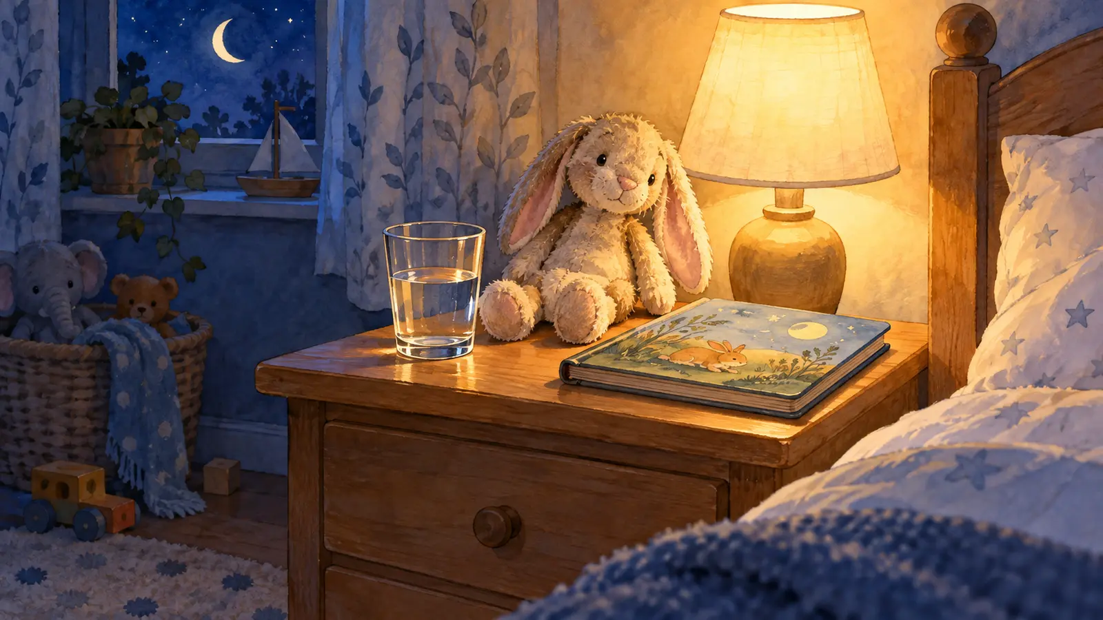 A glass of water, a soft toy rabbit and a book sit on a bedside table beside a glowing lamp.