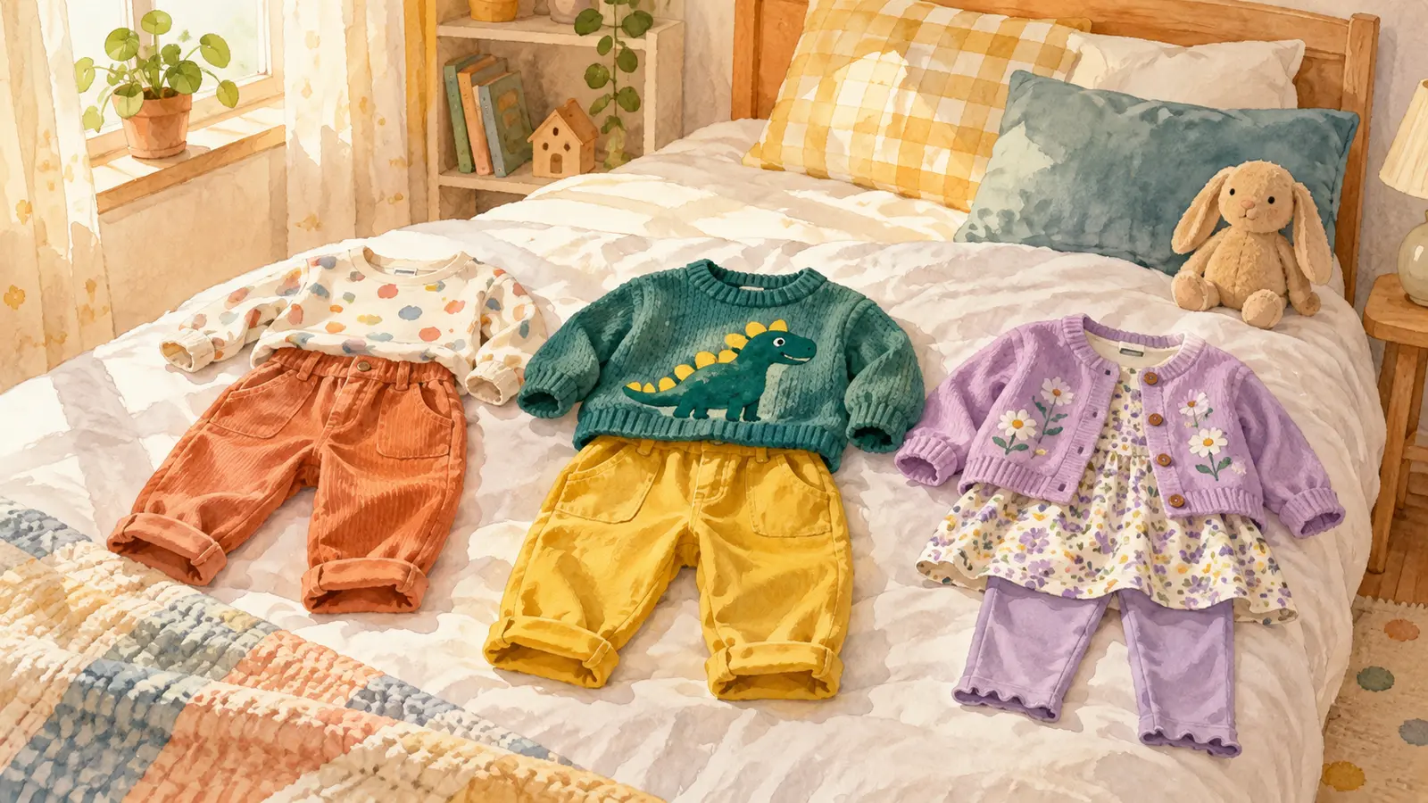Three different child outfits are laid out on a bed in the morning light.
