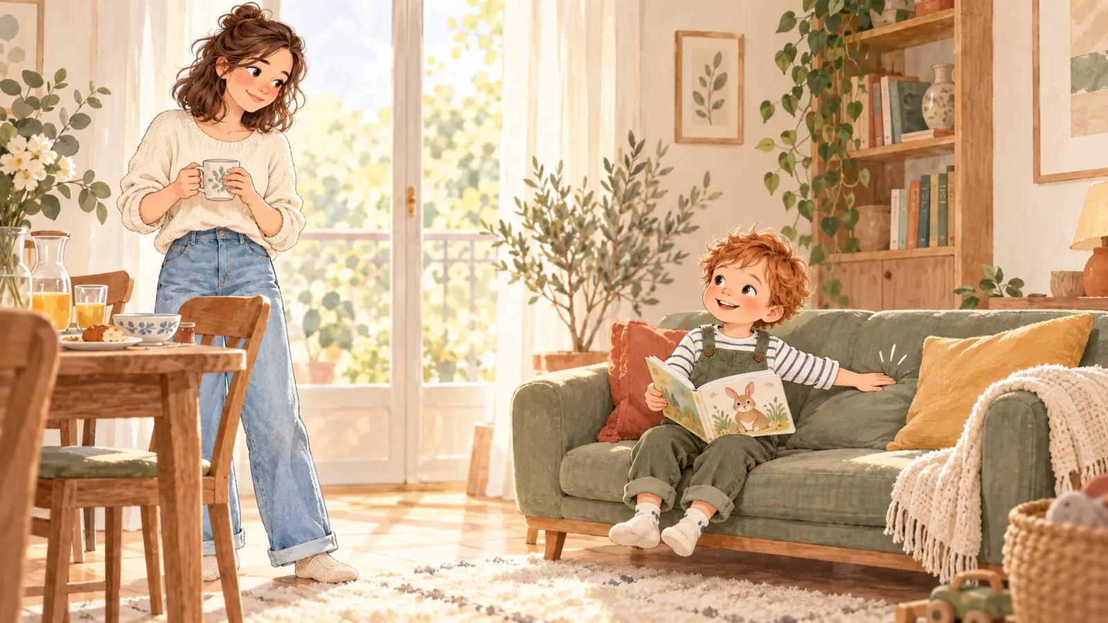Malo sits on the sofa with a rabbit picture book and pats the cushion beside him as Camille looks on.
