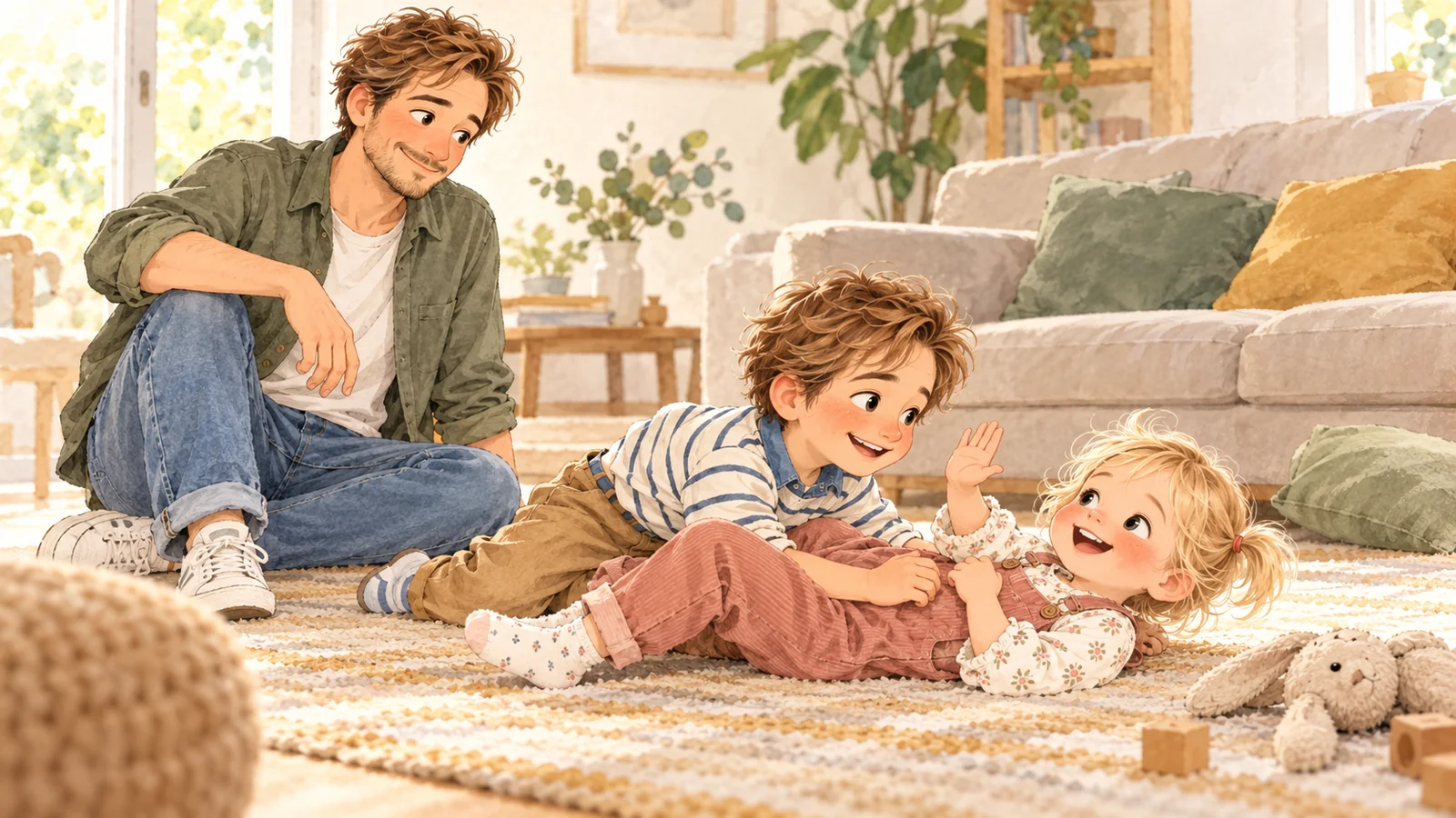 Julien observe Oscar et Alice jouer à la bagarre sur un tapis. Alice lève la main pour dire stop et Oscar s’arrête.
