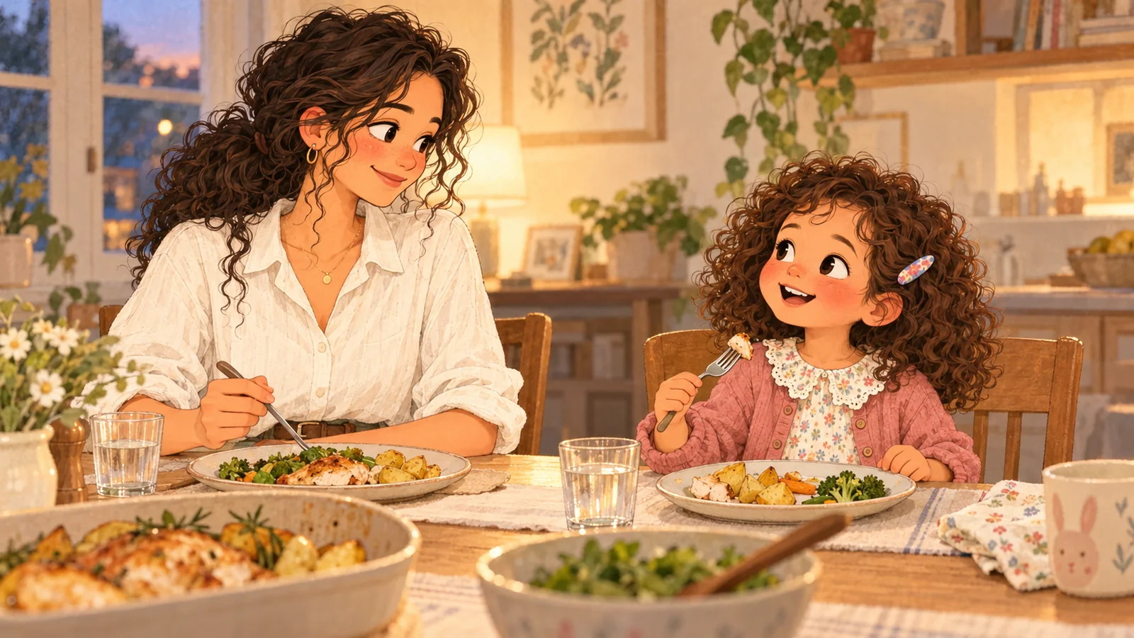 Nora écoute Iris, assise à table devant son assiette de poulet et de pommes de terre.