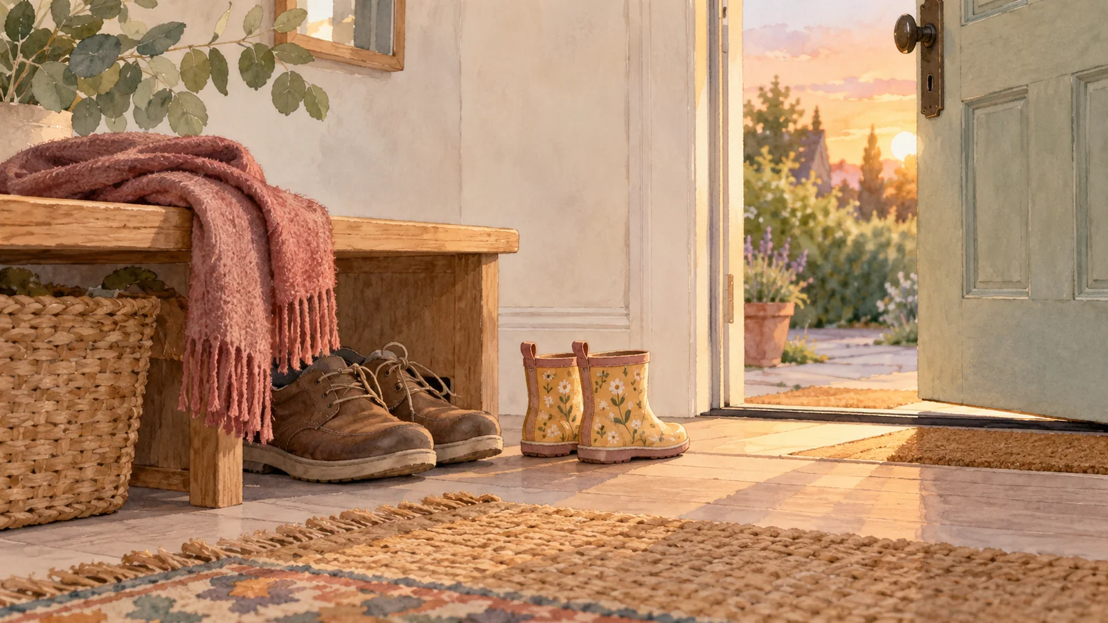 Une paire de bottes d’enfant attend près de la porte ouverte, à côté des chaussures d’une visiteuse et d’une écharpe.