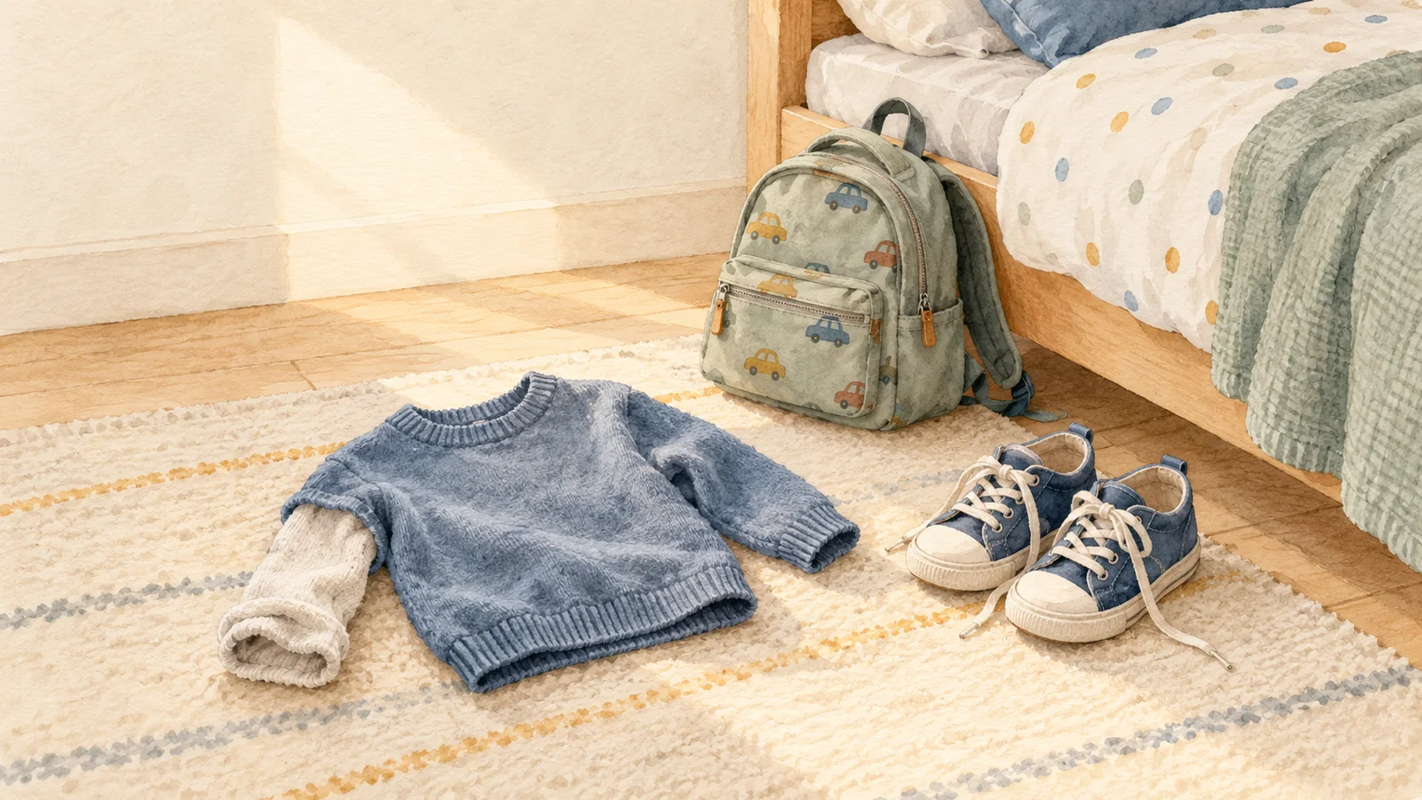 Un petit pull d’enfant, un sac d’école et des chaussures sont posés près d’un lit.
