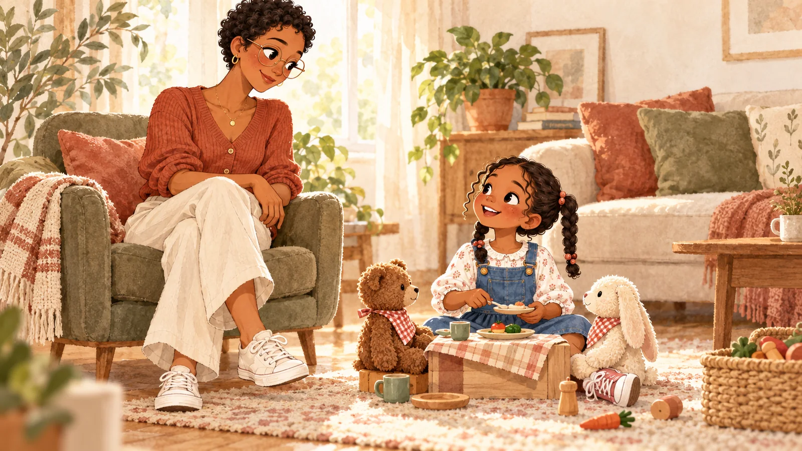 Élodie sits nearby while Louise plays restaurant with her stuffed animals.