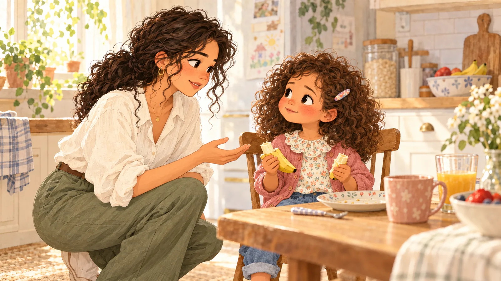 Nora gently speaks to Iris, who holds two pieces of a broken banana at breakfast.