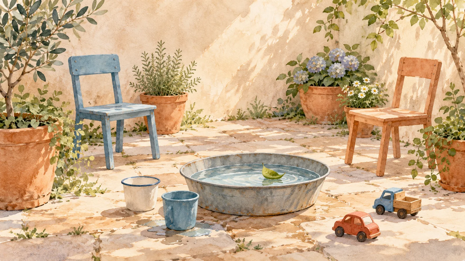 A small courtyard with two chairs, a basin of water, cups and toy cars.