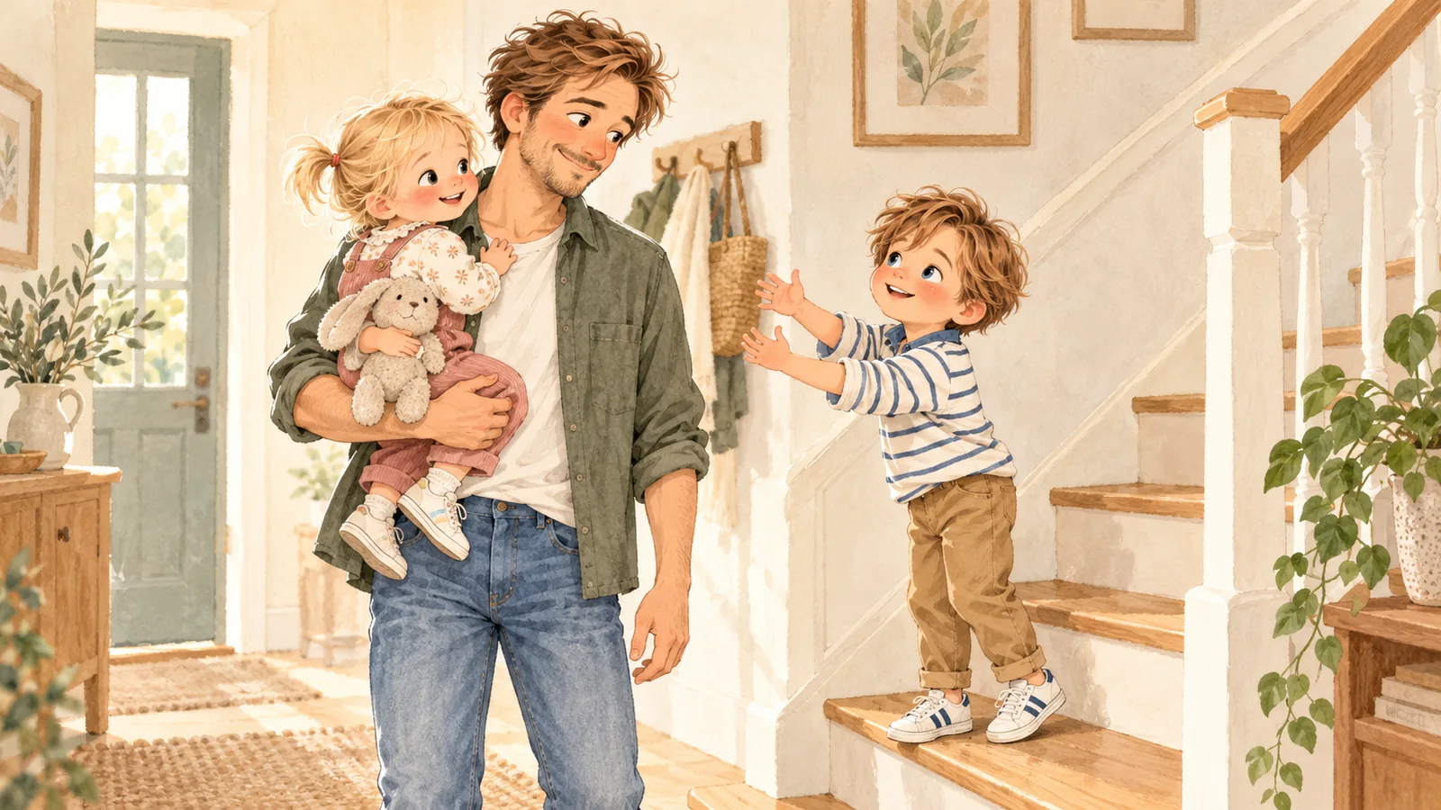 Julien porte Alice dans ses bras près de l’escalier tandis qu’Oscar, sur une marche, lui tend les bras.