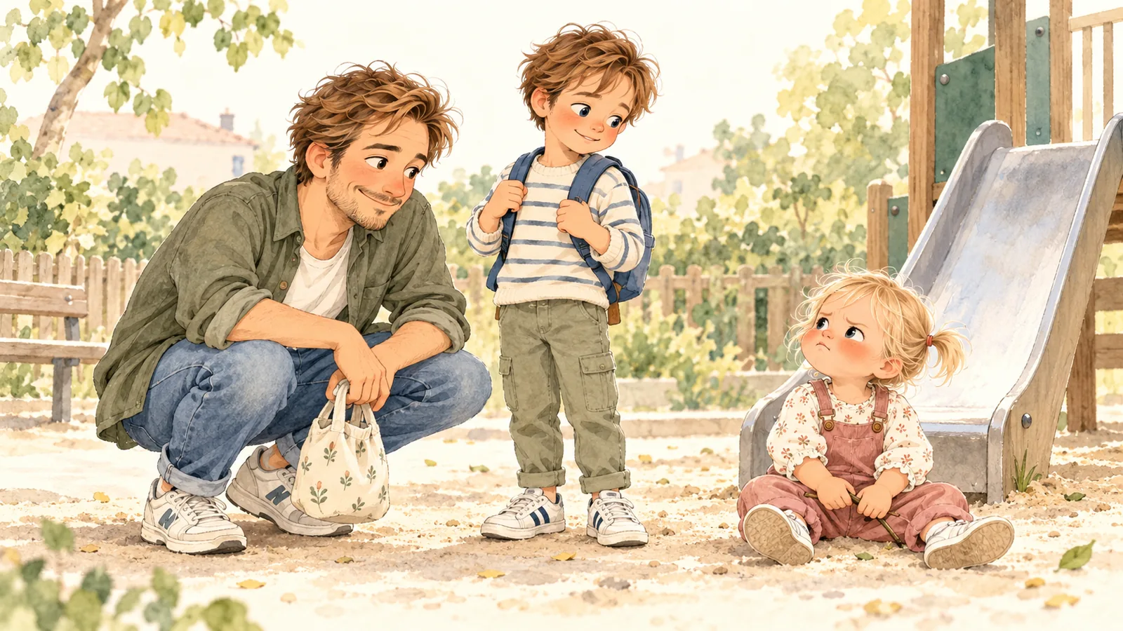 At the playground, Alice sits by the slide while Julien crouches beside her and Oscar waits nearby.