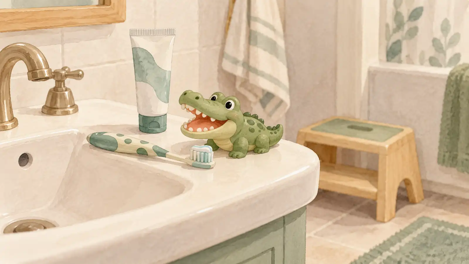Une brosse à dents d’enfant, un tube de dentifrice et un petit crocodile en plastique sont posés près d’un lavabo, avec un marchepied en arrière-plan.