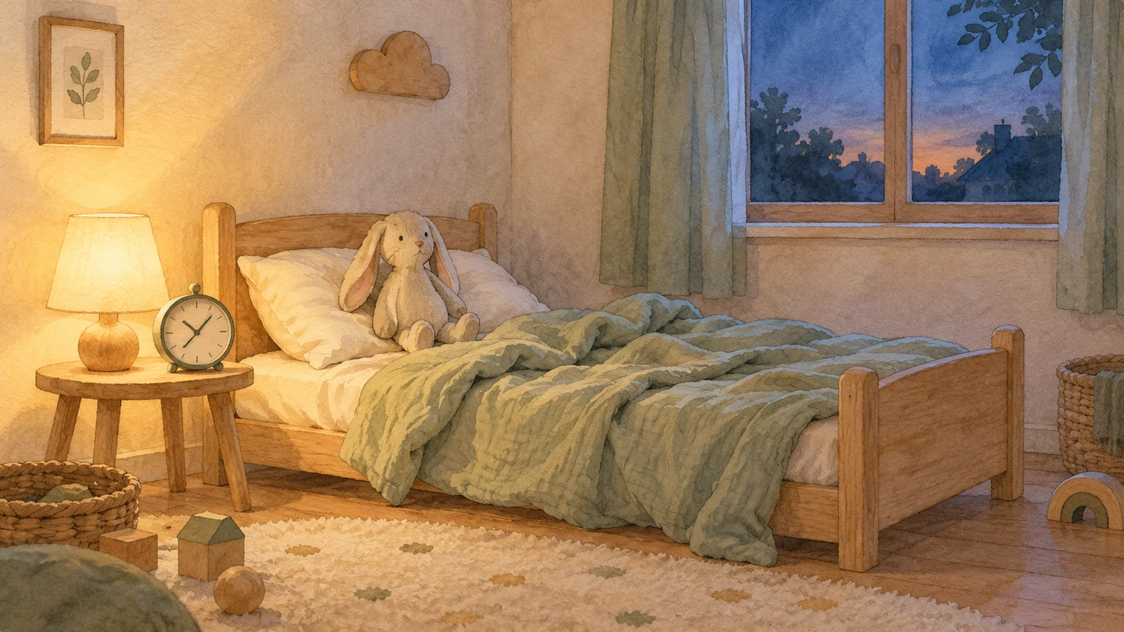 A small child's bed with a rumpled blanket, a stuffed rabbit and a clock in the soft evening light.