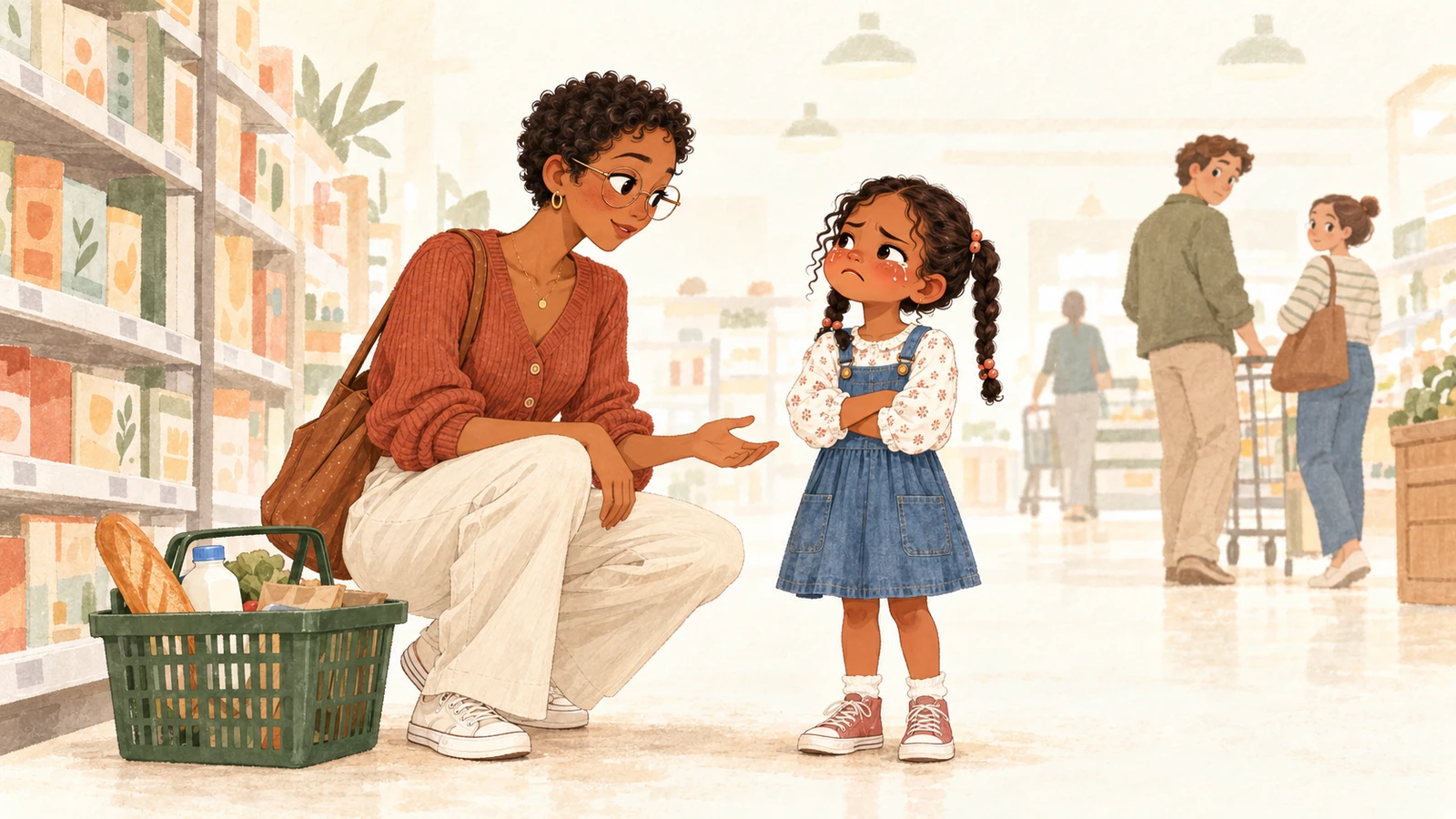 Élodie crouches beside a tearful Louise in a shop aisle, with a shopping basket and customers in the background.
