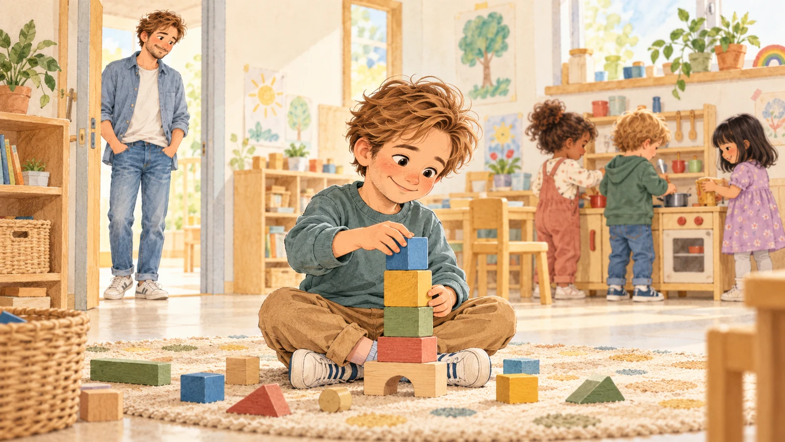 Oscar construit tranquillement une tour de cubes sur un tapis en classe, tandis que trois enfants jouent à la dinette et que Julien observe depuis la porte.