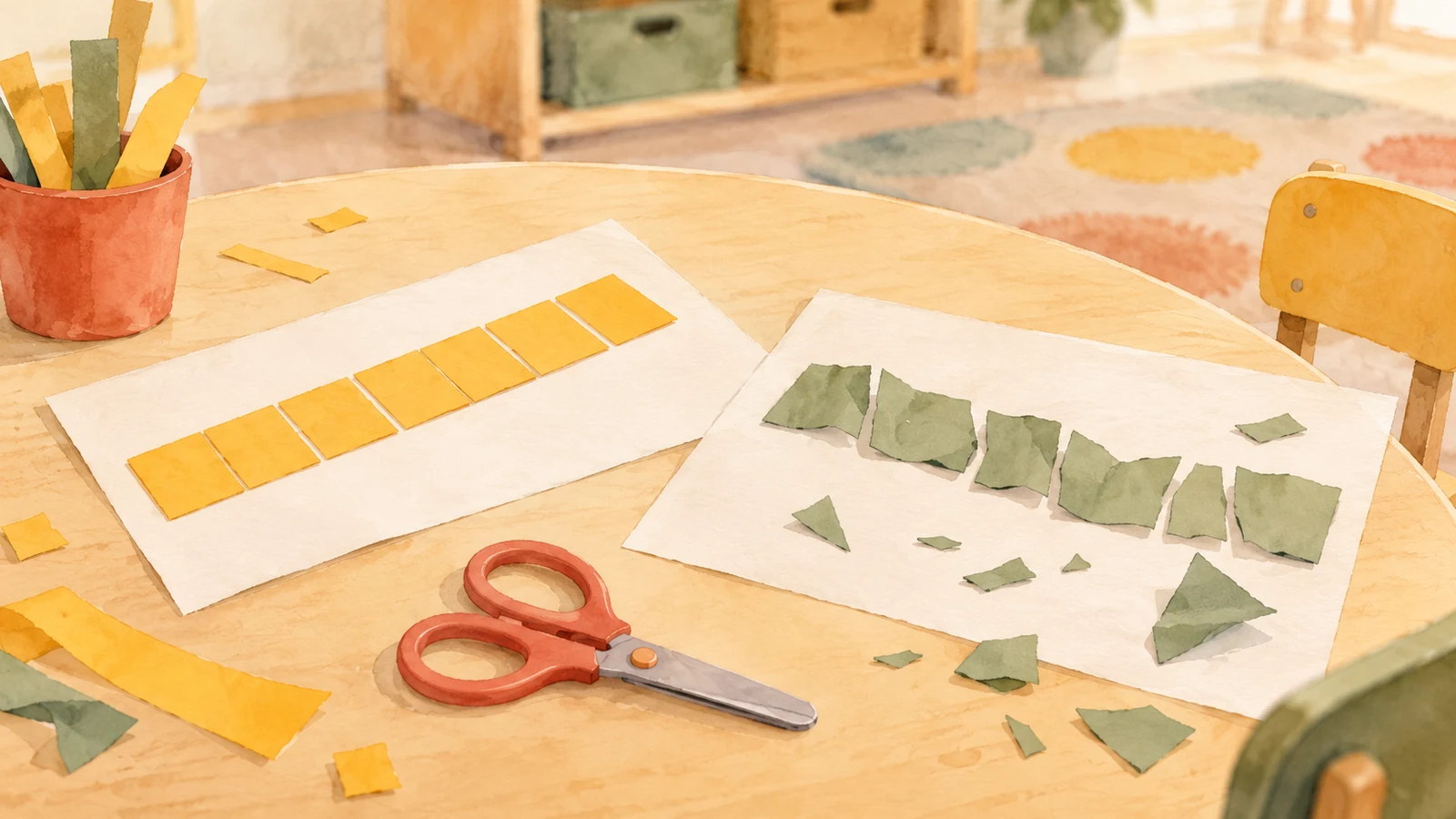 Deux feuilles de découpage, l’une aux morceaux réguliers et l’autre aux découpes hésitantes, sont posées sur une table de maternelle avec de petits ciseaux et des chutes de papier.