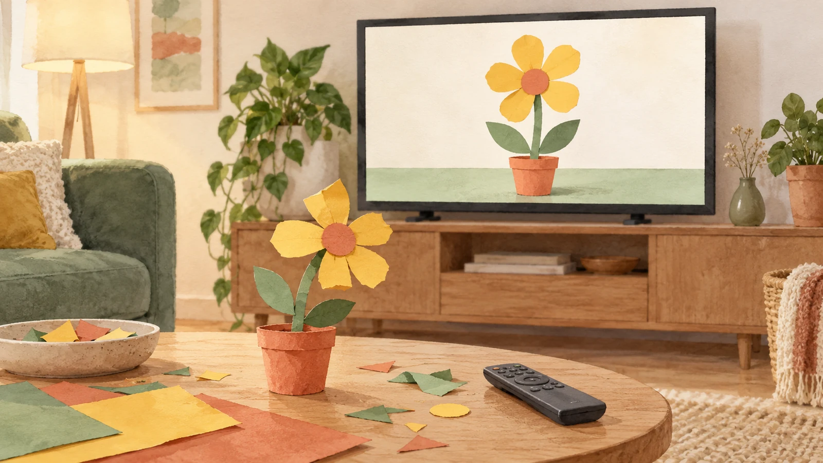 A slightly uneven paper flower, paper scraps and a remote control sit on a living room table in front of a television showing a paper flower in a pot.