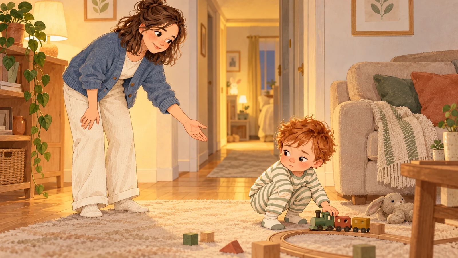 Camille tend une main ouverte à Malo, en pyjama rayé et accroupi près d’un train en bois dans le salon, avec un couloir éclairé derrière eux.