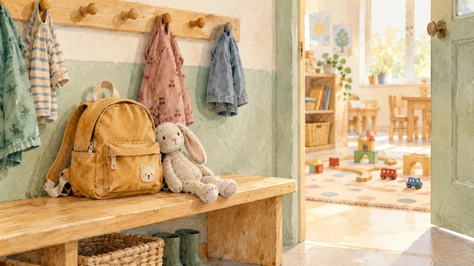 Un petit sac à dos et un doudou sont posés sur un banc près de porte-manteaux d’enfant, avec des cubes visibles à travers une porte de crèche entrouverte.