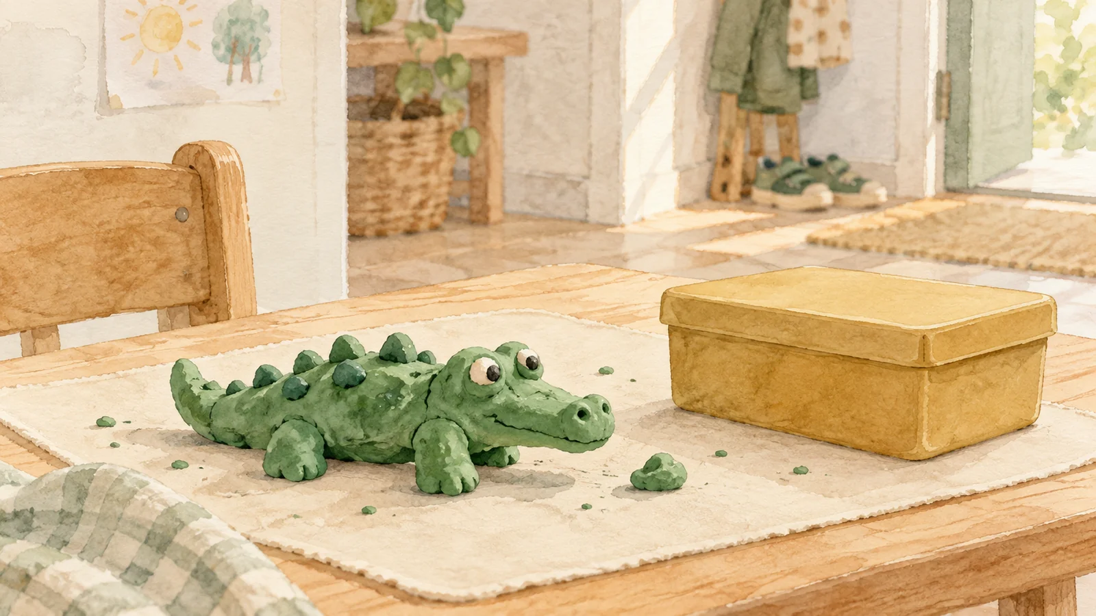 Une petite voiture en bois descend une rampe vers un coussin, à côté d’une bulle de parole abstraite formée de petites pièces en bois.