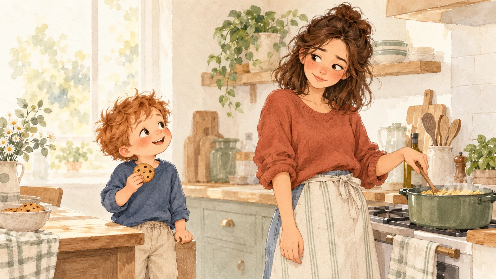 Camille stirs a pot of pasta in the kitchen while Malo, almost three, holds a biscuit and looks up at her.