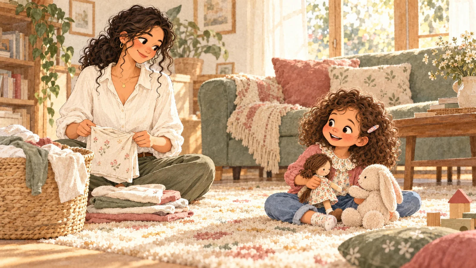Iris juega en el suelo con una muñeca y un peluche mientras Nora dobla ropa cerca y la observa discretamente.