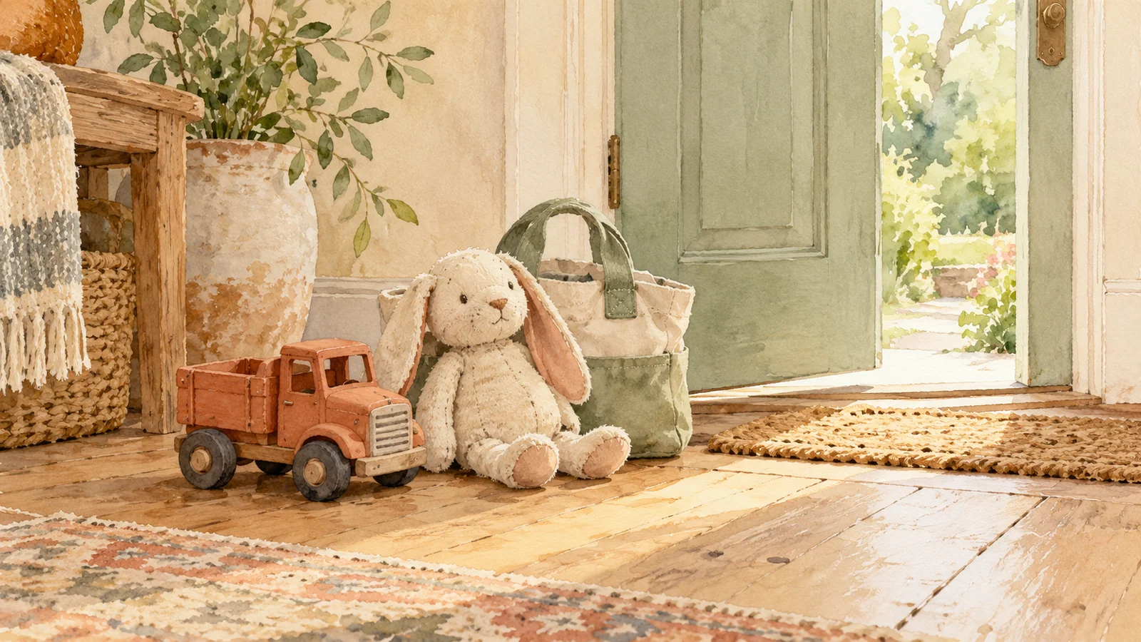 A small toy truck and a soft cloth rabbit beside a canvas bag near an open front door, painted in warm watercolor.