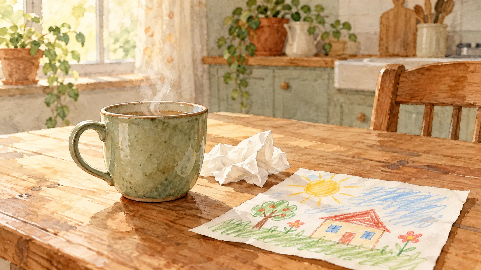 Une tasse encore chaude à côté d’un mouchoir froissé et d’un petit dessin d’enfant posé sur une table familiale, en aquarelle douce.