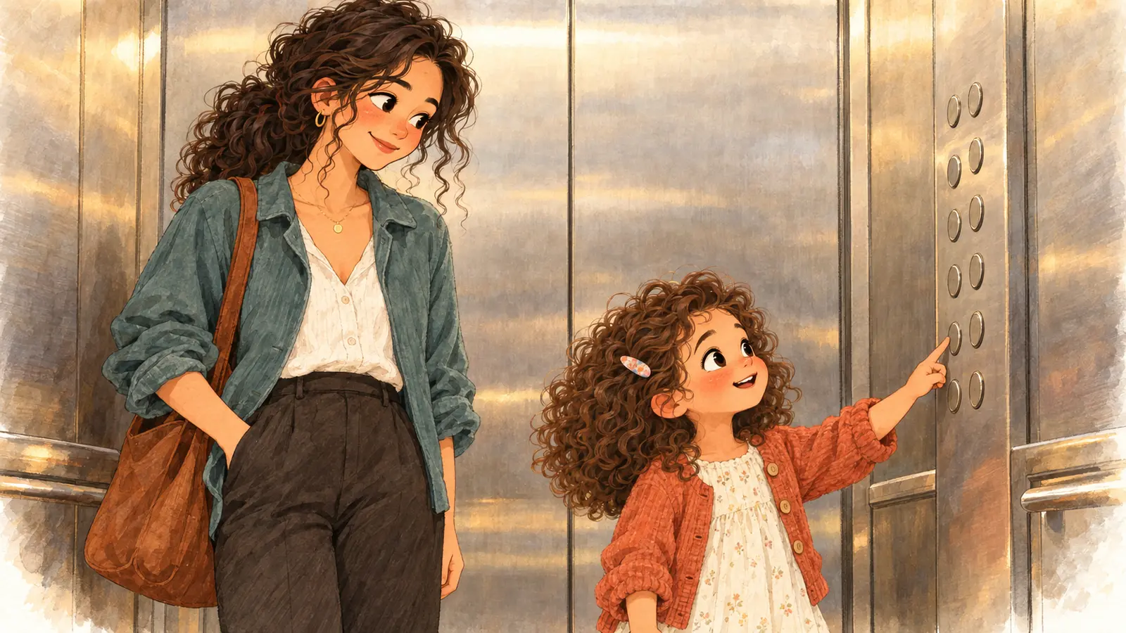 Inside the lift, Iris studies the buttons very seriously while Nora holds back a smile beside her.