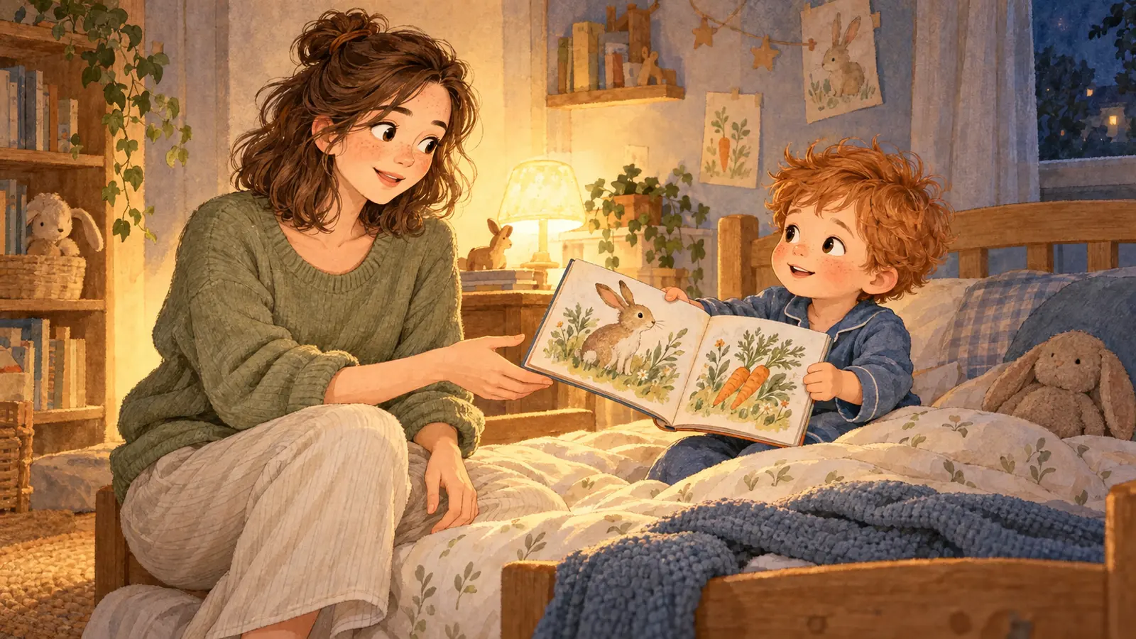 Malo, in blue pajamas, offers an open rabbit picture book to Camille beside his bed in the warm glow of a nightlight.