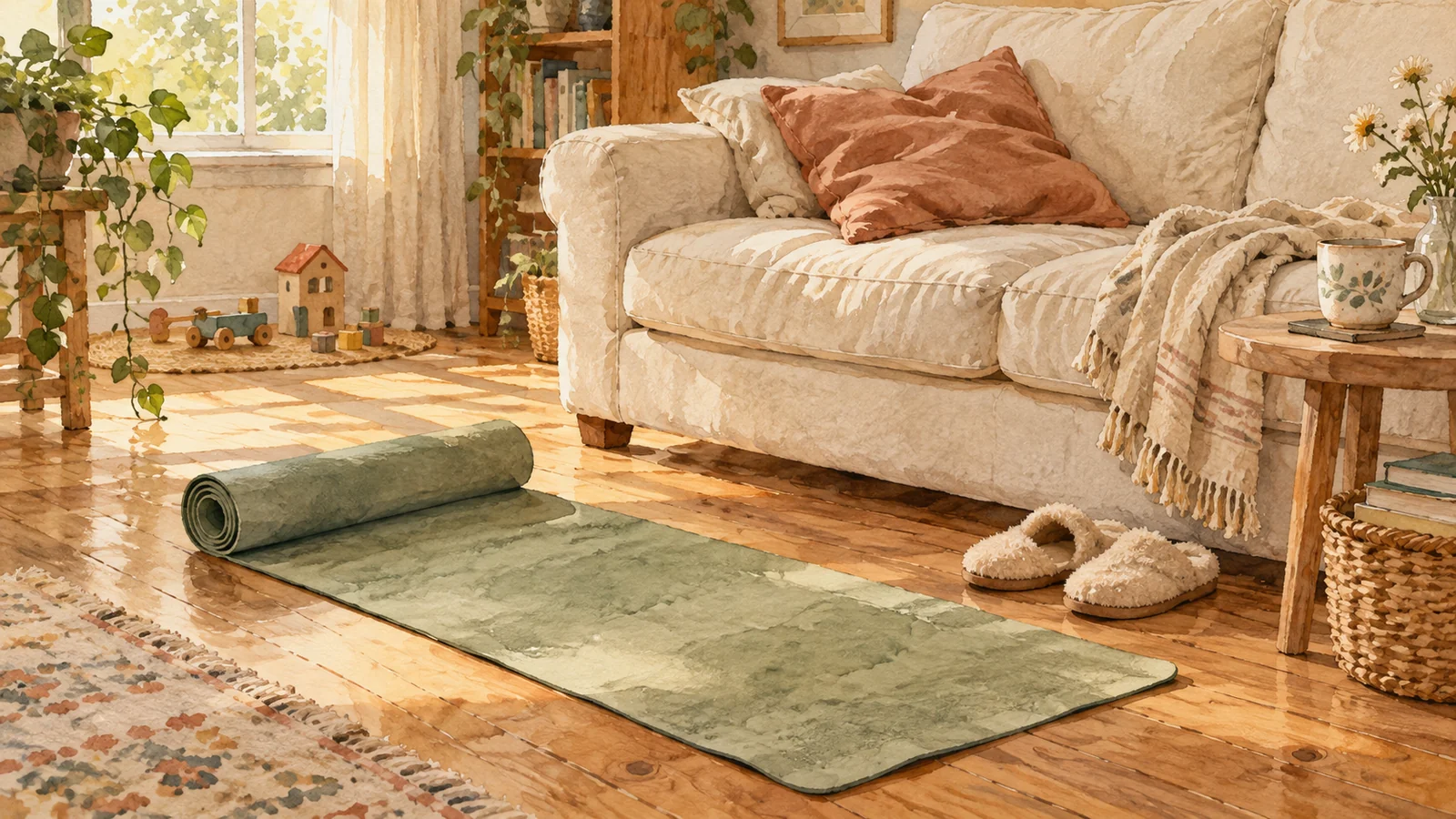 A half-unrolled yoga mat, slippers and a mug beside a family sofa, painted in warm watercolor.