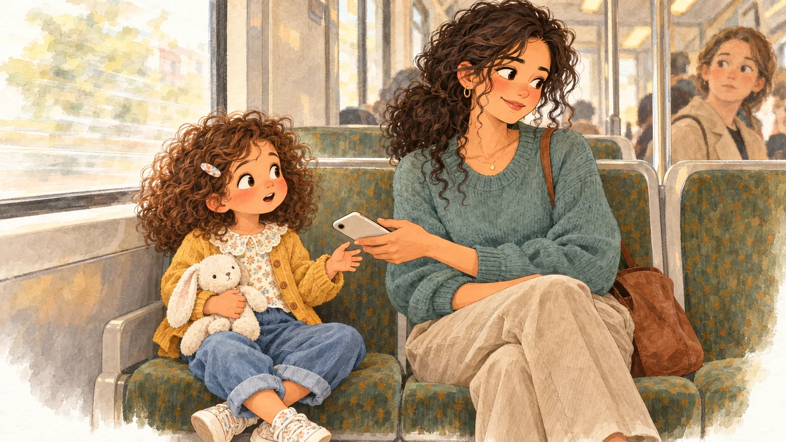 Nora offers Iris a phone as they sit on a train; Iris holds her cloth rabbit while Nora glances at a passenger in the background.