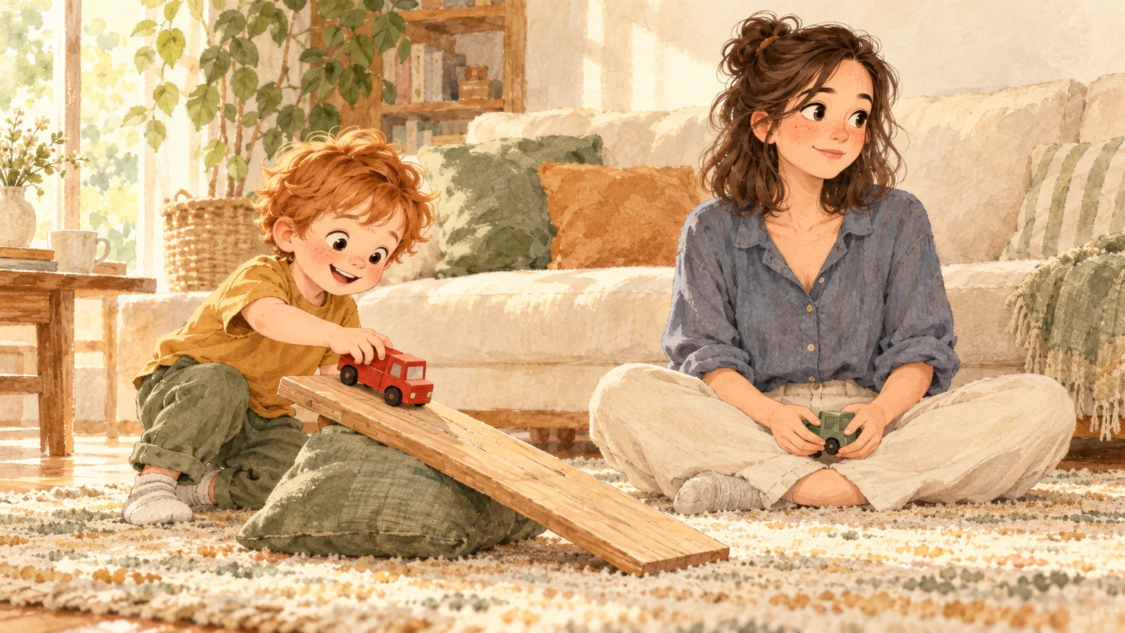 Malo sends a small red truck down a wooden ramp while Camille sits beside him holding another vehicle, her expression gently distracted.