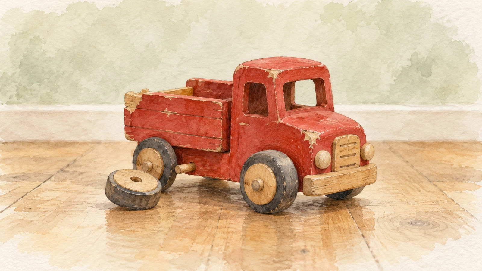 Camille crouches beside a downcast Malo while a nursery caregiver comforts another child and checks his forearm beside a red toy truck.