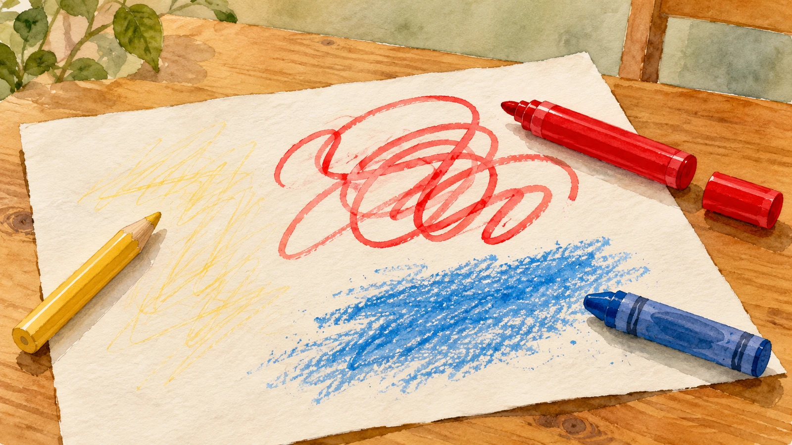 Sur une feuille posée sur une table en bois, des traits jaunes au crayon, des boucles rouges au feutre et une bande bleue de cire accompagnent les trois outils de dessin.