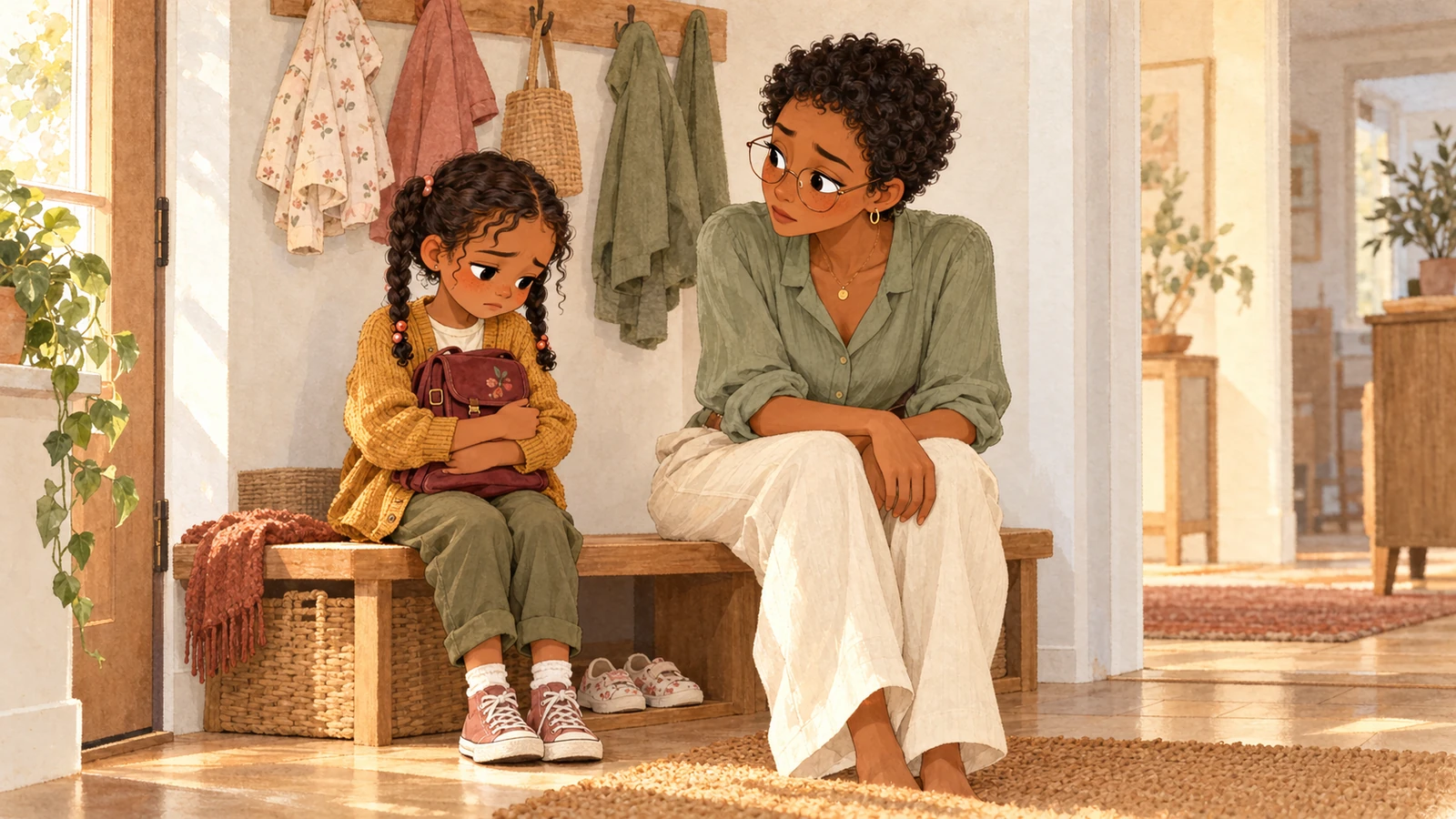 Louise sits on an entryway bench with downcast eyes, sadly clutching her small school bag while Élodie listens beside her with gentle concern.