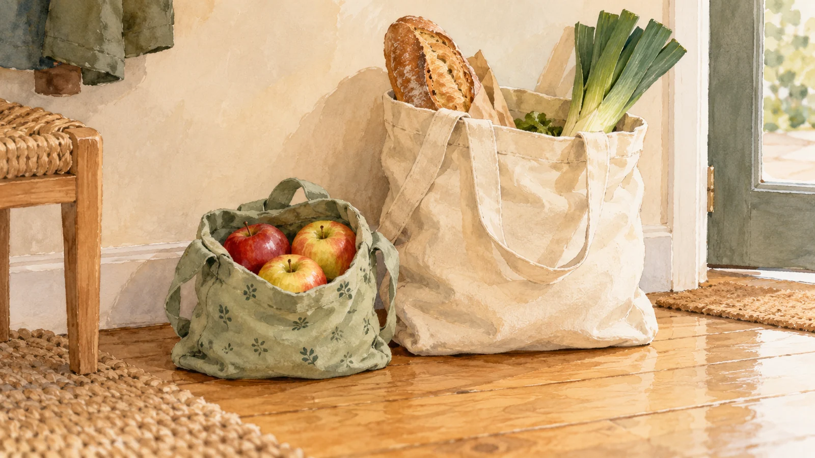 Un petit sac en tissu contenant trois pommes, à côté d’un grand cabas d’où dépassent du pain et un poireau.