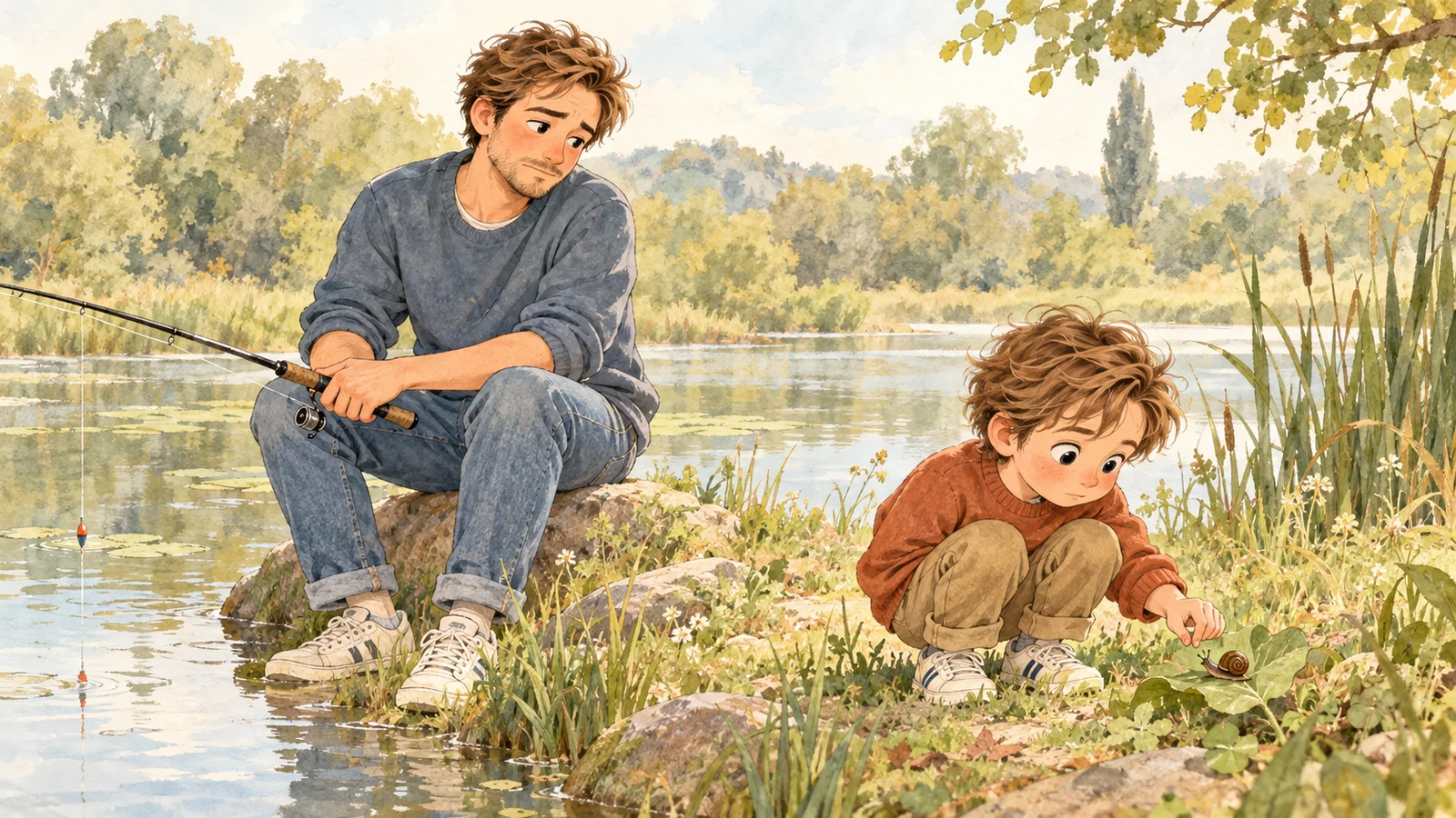 Julien holds his fishing rod and watches Oscar with quiet disappointment as the boy studies a snail on a leaf beside the pond.
