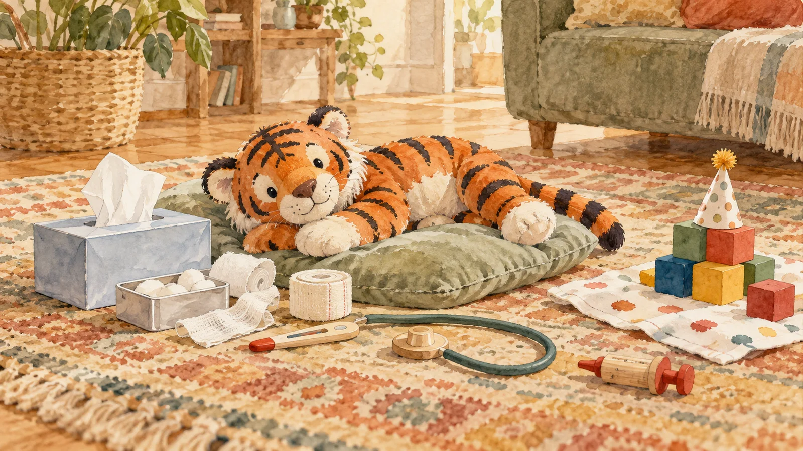 A stuffed tiger rests on a cushion in a pretend veterinary clinic beside tissues, toy medical equipment and wooden blocks set out for its party.