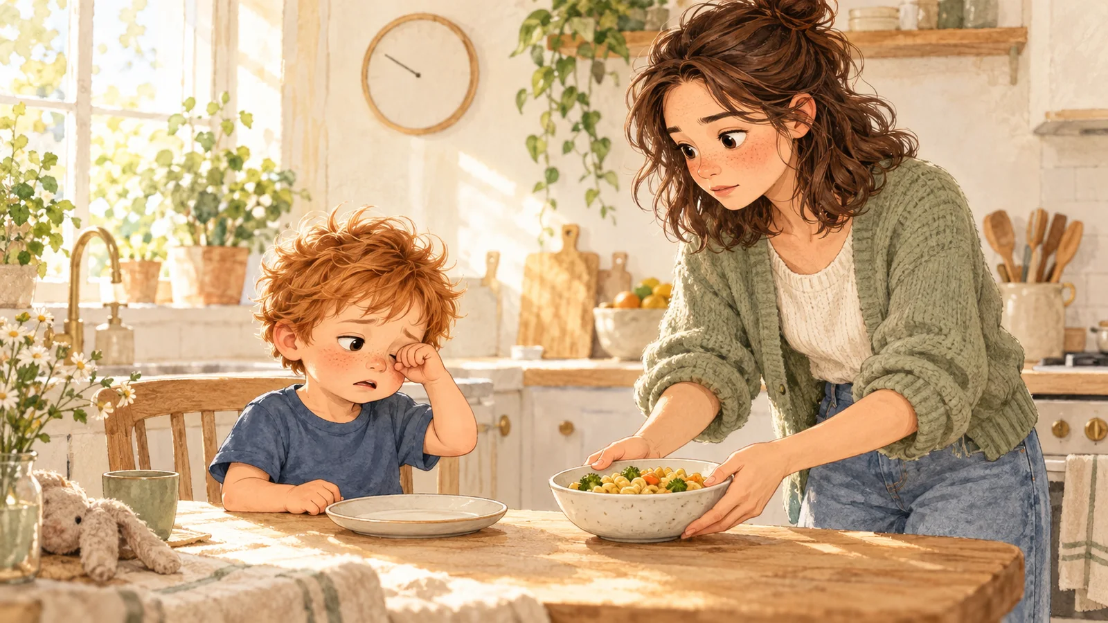 Malo se frota un ojo ante su plato vacío mientras Camille le lleva un cuenco con la comida; un pequeño reloj queda al fondo.