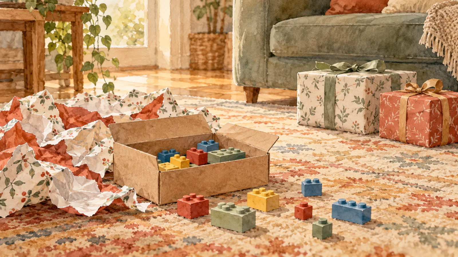 An open box of building blocks, coloured pieces and crumpled wrapping paper on a rug, with two wrapped presents waiting by the sofa.