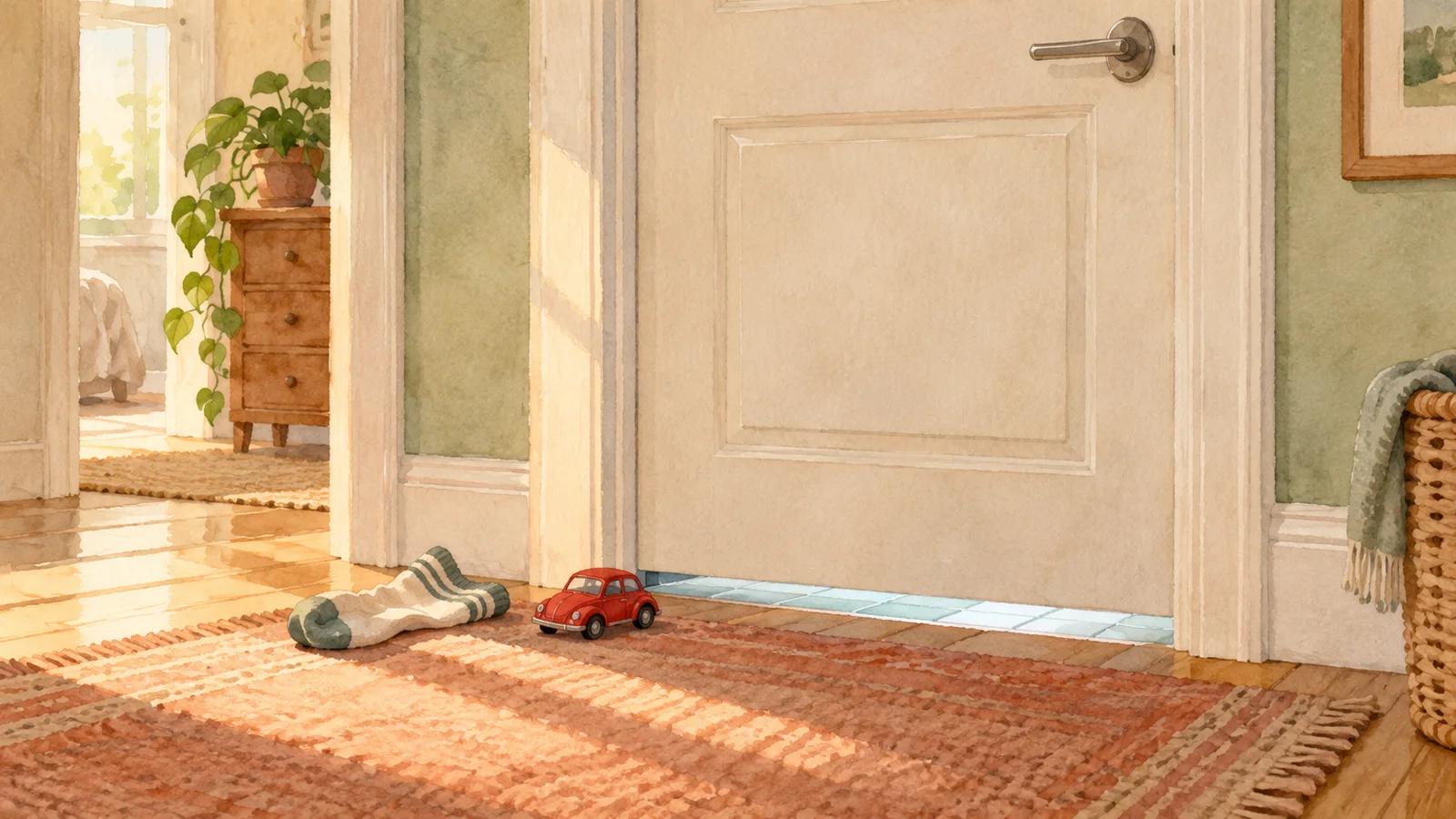 Une petite voiture rouge et une chaussette attendent sur le tapis devant une porte de salle de bains fermée.