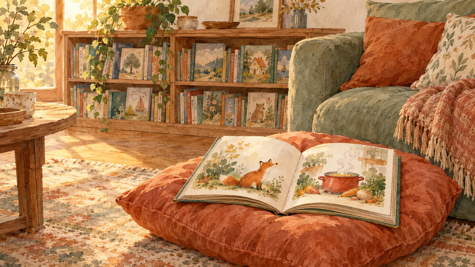 An open picture book on a cushion beside the sofa, near a low shelf full of closed illustrated books.