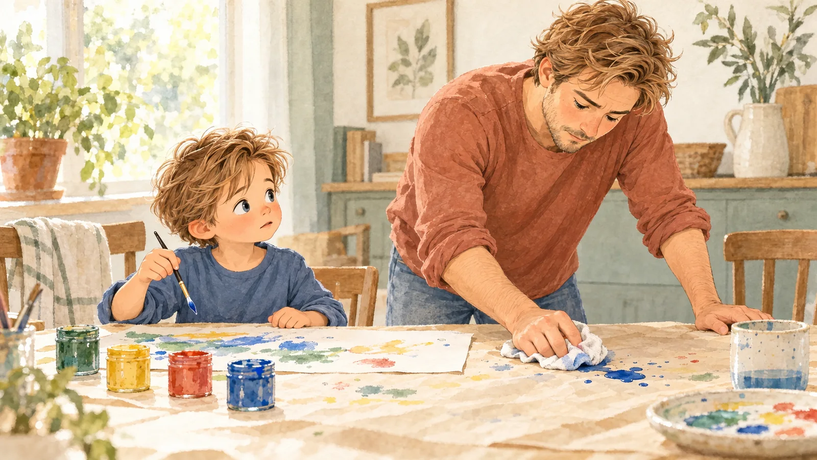 Oscar pauses with his brush while watching Julien wipe a blue paint stain off the table covering, beside a large painted sheet.