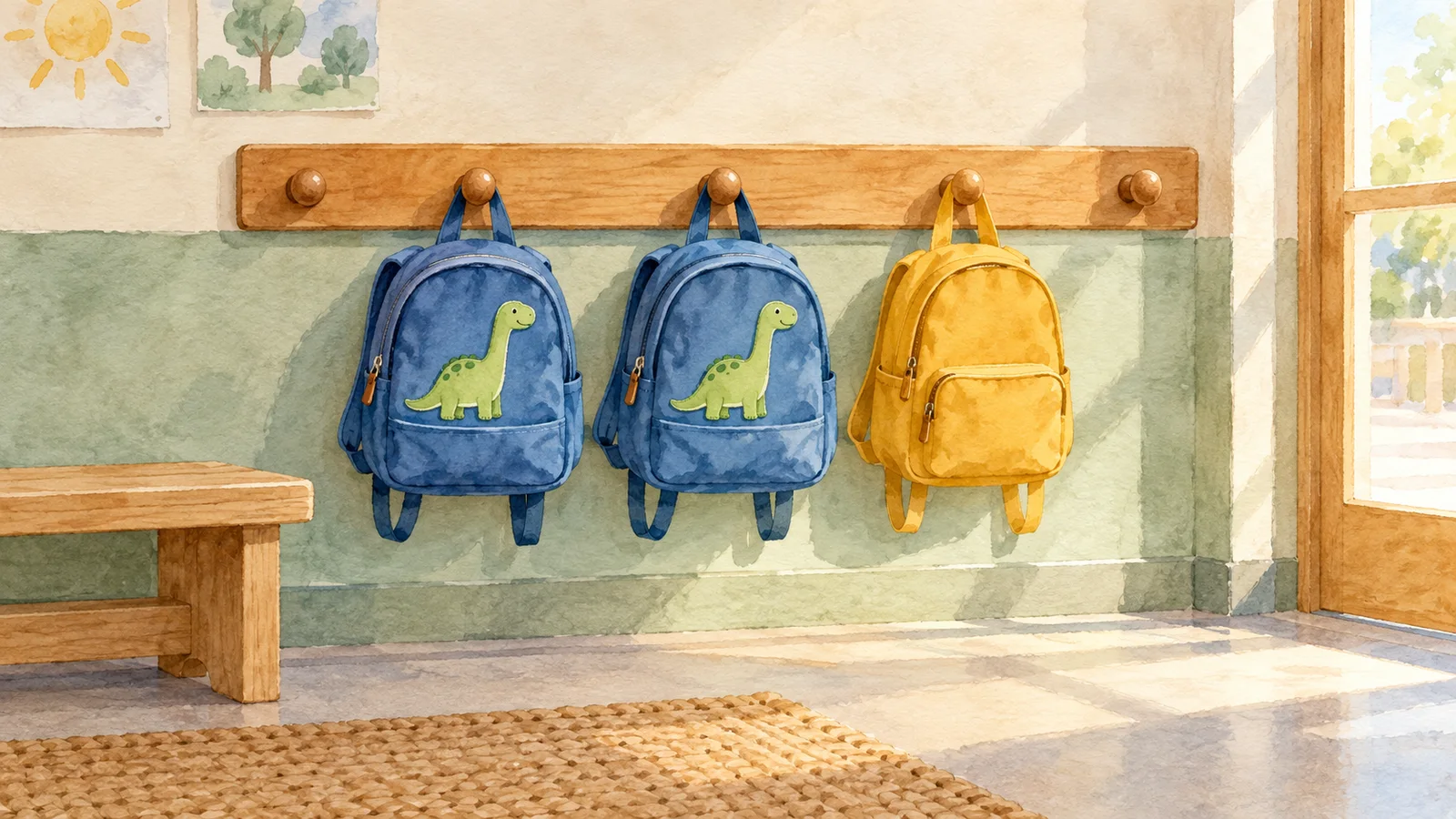 Dos pequeñas mochilas azules con el mismo dinosaurio y una mochila amarilla lisa cuelgan de perchas bajas en una entrada escolar.