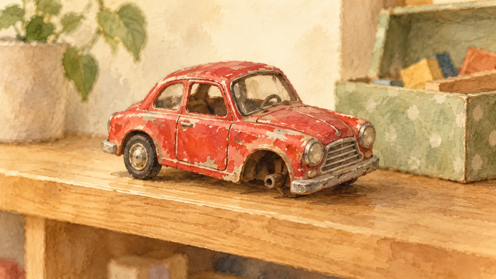 Petite voiture rouge usée à laquelle manque une roue, sur une étagère près d’une boîte ouverte.