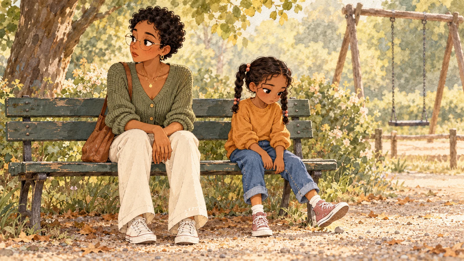 Élodie y Louise sentadas sin entusiasmo en un banco del parque, cerca de un columpio vacío.