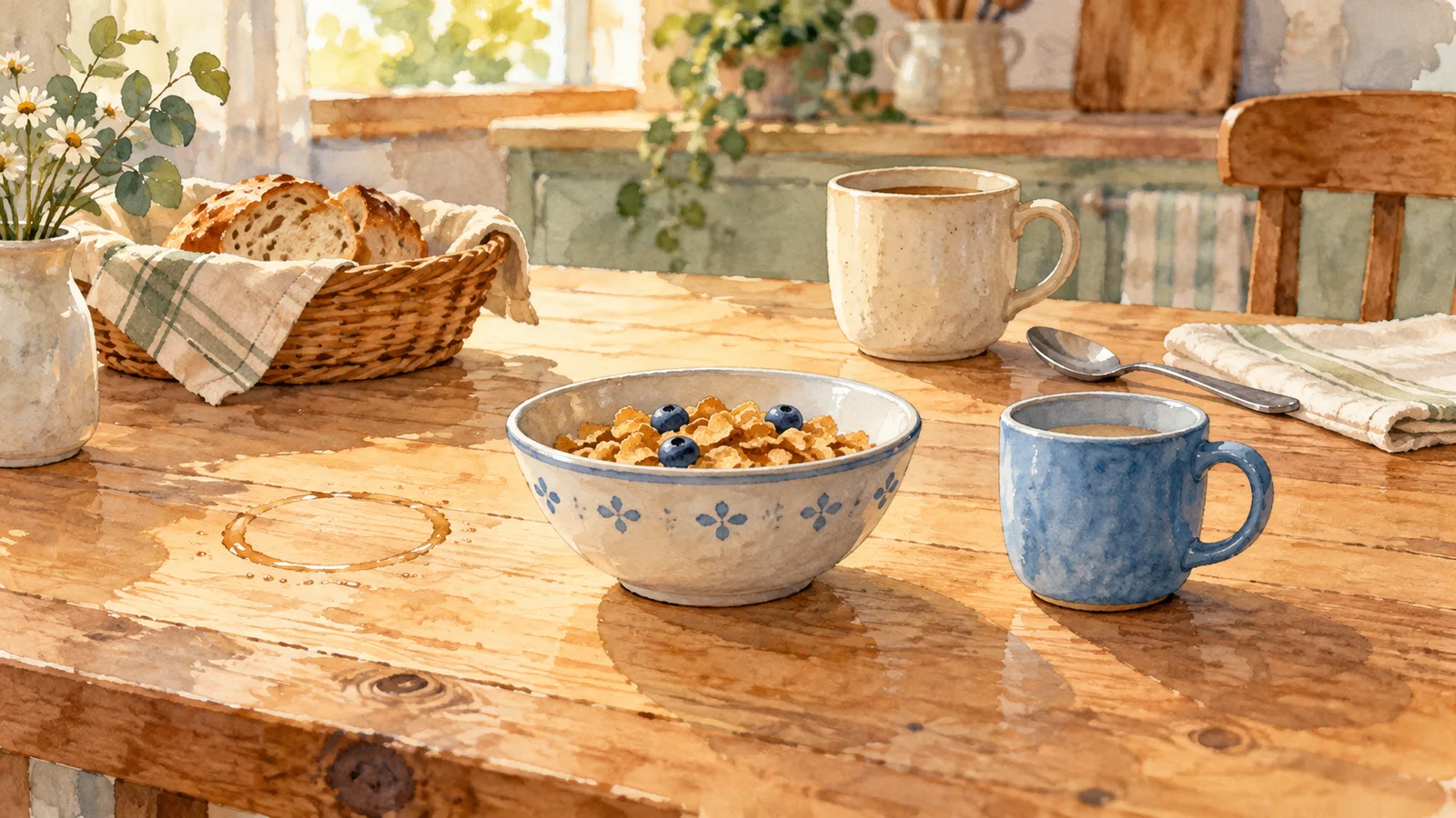 Petite tasse bleue à droite d’un bol de céréales, avec un anneau de condensation à gauche et une tasse adulte plus loin.