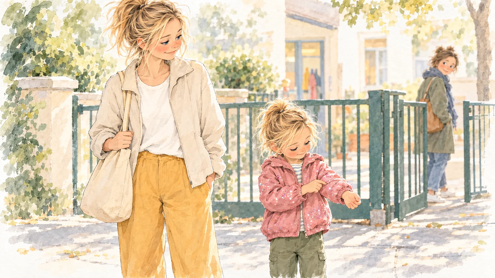 Gabriel, his long blond hair tied in a small topknot, studies the sleeve of his pink sequinned jacket by the nursery gate while Marie watches attentively.