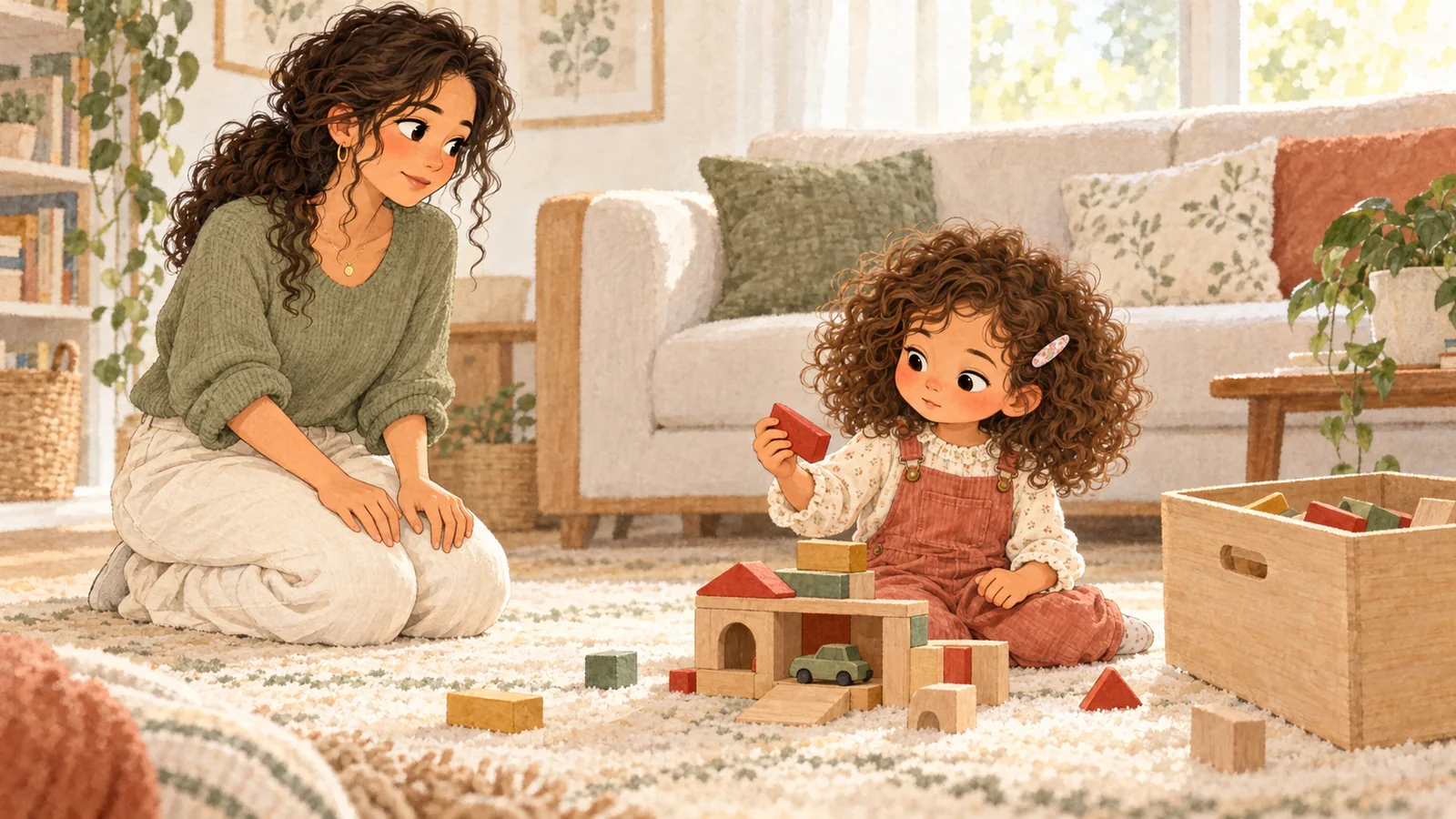 Nora waits beside Iris, who holds a red block in front of her garage and an open storage box.