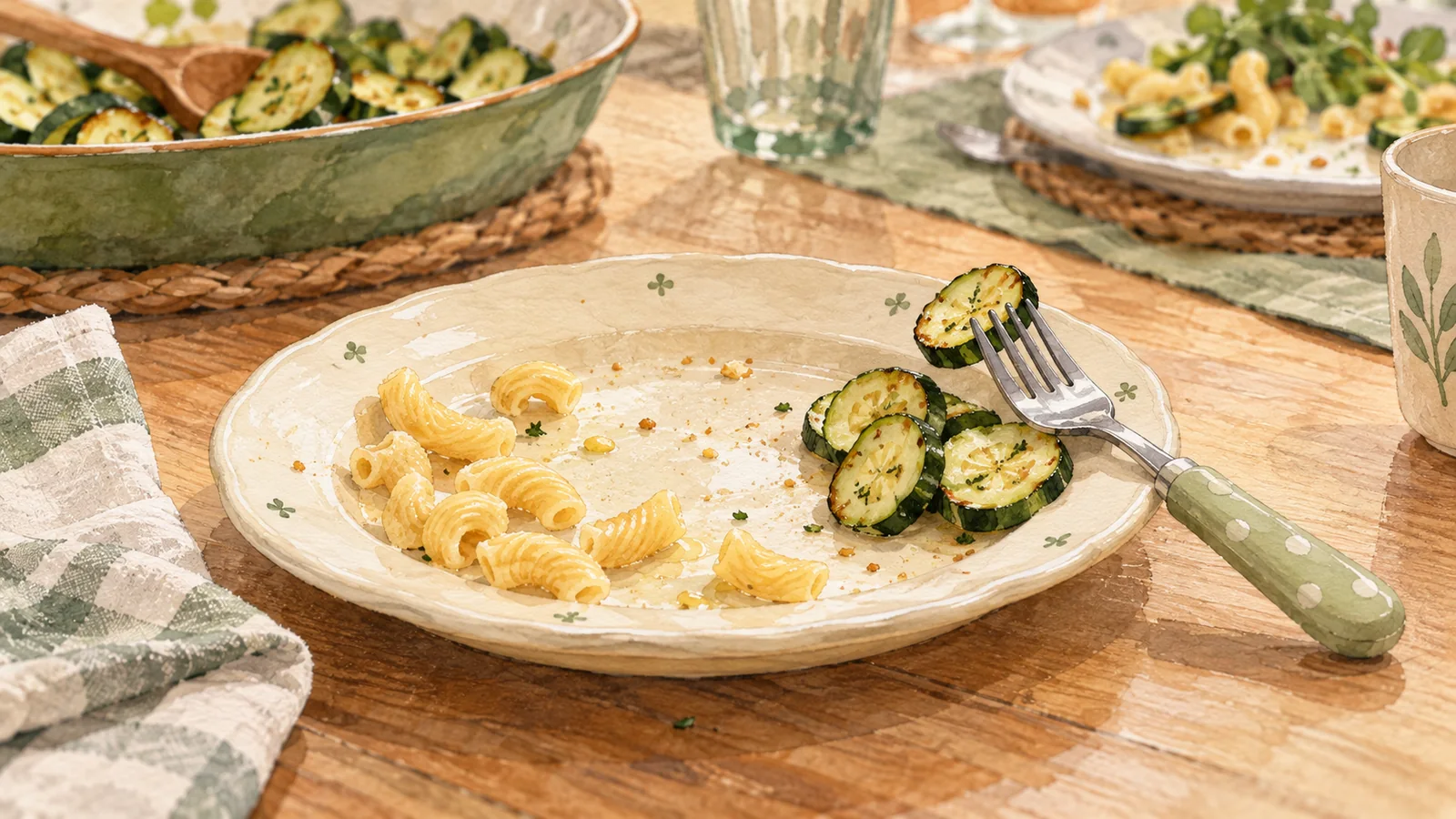 Dans une petite assiette, les courgettes restent regroupées à l’écart des pâtes, près d’une fourchette, sur une table familiale.
